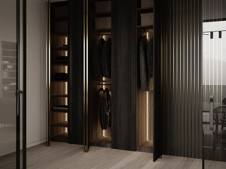 Close-up of Euphoria ORONERO modular wardrobe with integrated lighting and sleek black panels with golden accents. Exclusive at Bazar Mondiale