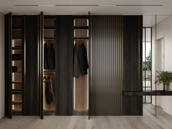 Modular wardrobe system Euphoria ORONERO with elegant black and gold finishes, featuring customizable storage solutions for luxury interiors. Only at Bazar Mondiale.